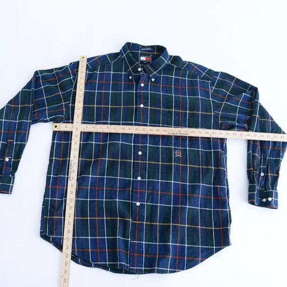 VTG 90'S Tommy Hilfiger Blue And Green Cross Pattern Cotton Button Down Shirt XL - Picture 3 of 10